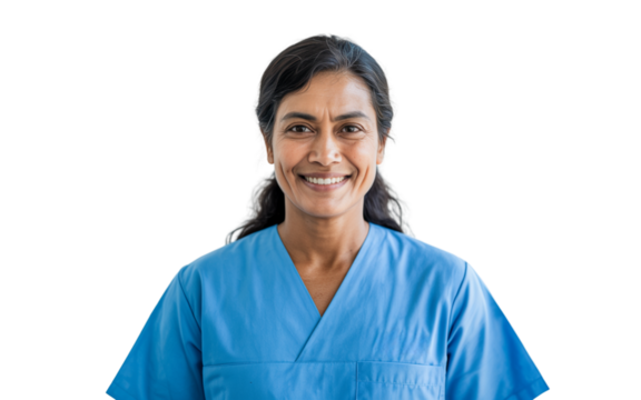 Confident Indian Nurse Smiling on Transparent Background PNG, medical professional woman in clinic attire with stethoscope, healthcare provider symbol of empathy, treatment, aid, trust and recovery
