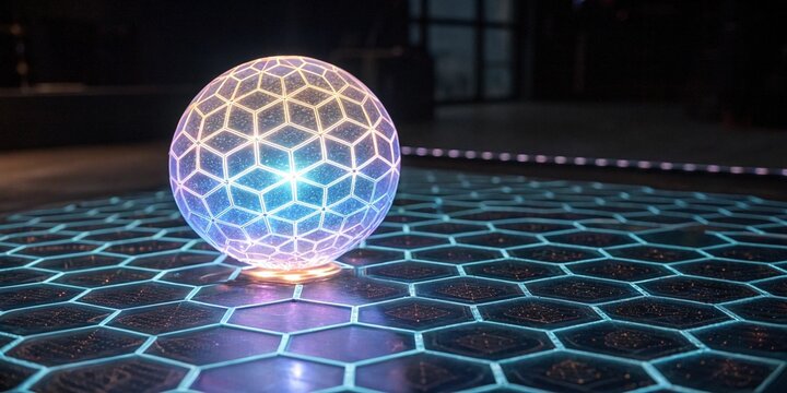Captivating illuminated sphere with hexagonal geometric pattern glowing with vibrant blue and purple light on a futuristic hexagonal grid platform, evoking innovation and digital transformation