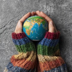 Hands with colorful sweater holding earth globe on grey background in top view for world environment day
