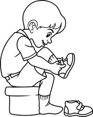 boy wearing shoes line vector illustration isolated on white background