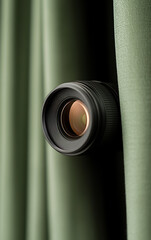 A camera lens peeks out from between soft green curtains, inviting viewers into the world of photography and visual storytelling. A creative and modern perspective.