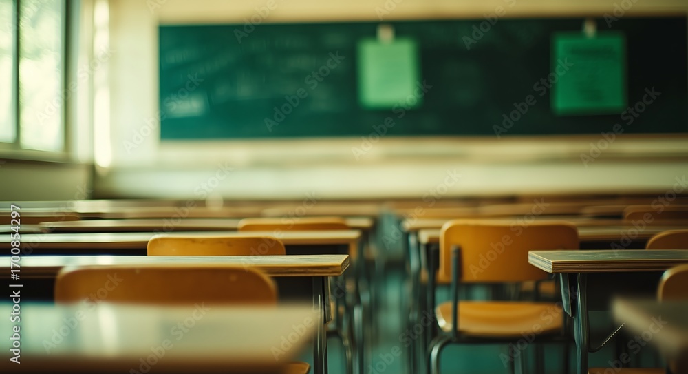 Poster empty classroom with wooden desks and chalkboard in a school setting during daytime