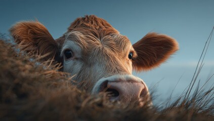Close-up of a cow's head emerging from tall grass