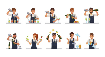 Cartoon Bartender Character Set Vector Illustration of Bar Staff Mixing Cocktails