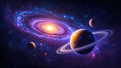 Blue Earth globe orbiting in space with a golden sun and the moon