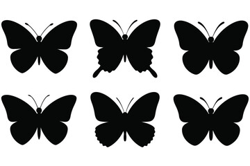 Butterfly silhouettes vector set, flying insect icons, minimal black wing shapes, nature and design illustration, insect vector collection
