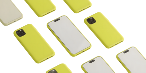 Modern Smartphone Arrangement: A modern smartphone, showcased alongside colorful cases, presents a visually appealing array.