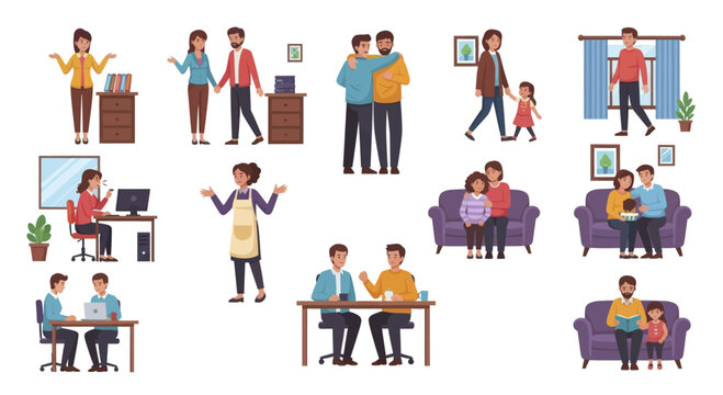 Cartoon Character Vector Illustration Set of Family Relationships and Daily Activities