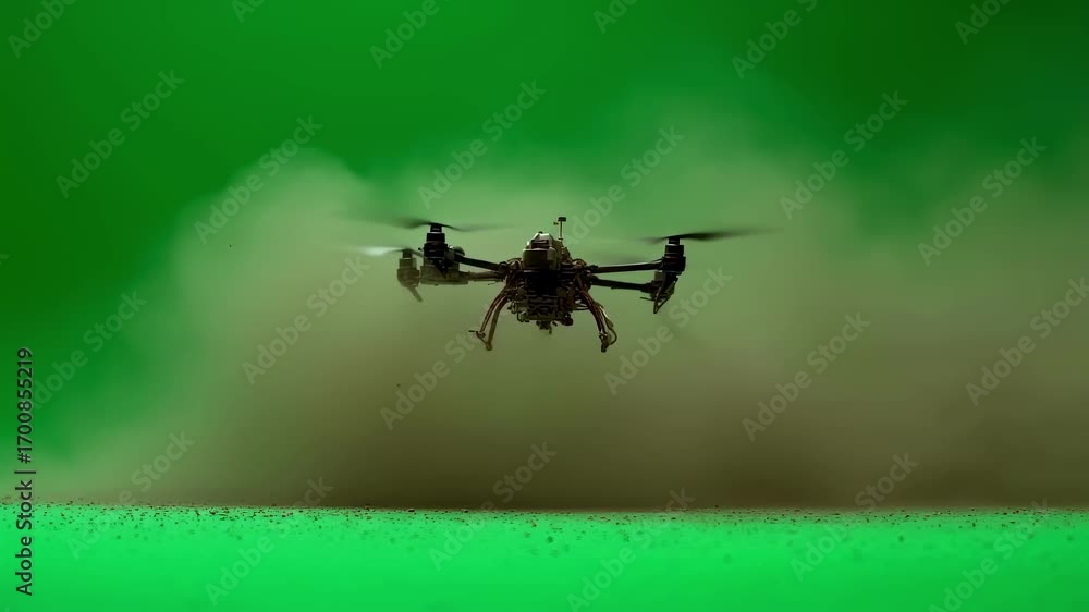 Poster detailed shot of a drones rotor swiftly spinning surrounded by fine dust kicked up in surface winds 