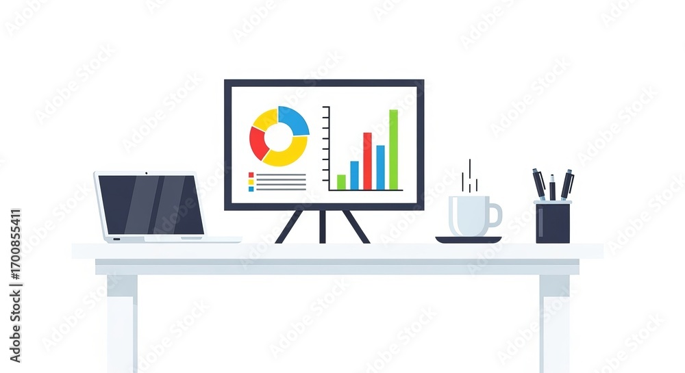Poster business analytics on desktop: a modern desk setup showcases a laptop and monitor displaying colorfu