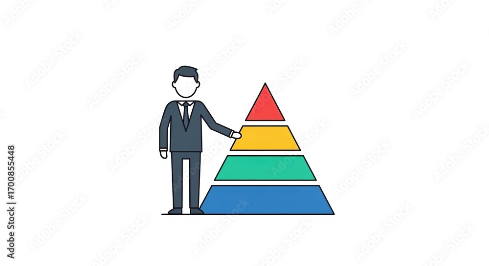 Poster business presentation and graph analysis: a sharp-dressed business person analyzes a colorful pyrami