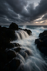 Obraz premium Long Exposure Photo of Waves Crashing on Black Volcanic Rocks under Dramatic Cloudy Sky – Ultra Realistic