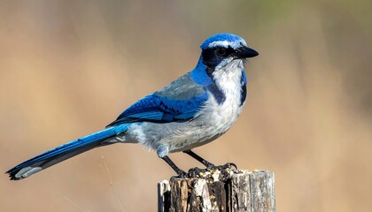 A close-up, detailed portrait of a vibrant blue jay perched on a weathered wooden post against a muted, natural background.