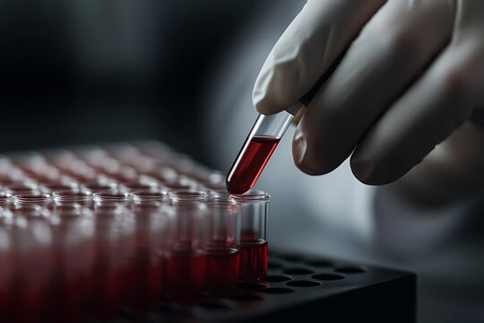 Laboratory analysis: A gloved hand places a blood sample vial into a rack filled with similar samples. Research and medical science.