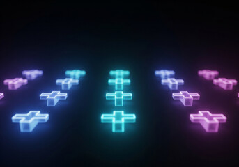 Rows of glowing plus signs illuminated in vibrant neon blue and pink light against a dark background.