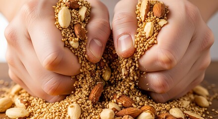 Hands holding a healthy mix of grains seeds and nuts spilling onto a wooden surface.
