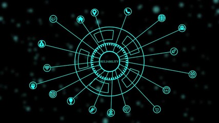 Futuristic network hub with glowing cyan lines and icons symbolizing reliability and connectivity