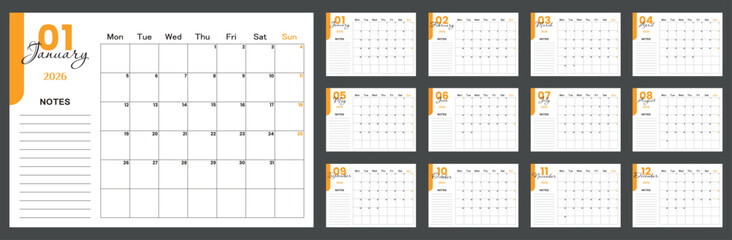 Monthly calendar planner 2026. Colorful orange planner 2026 with calendar. Vector illustration. Blank white notebook page A4. Printable template. Week Starts on Monday