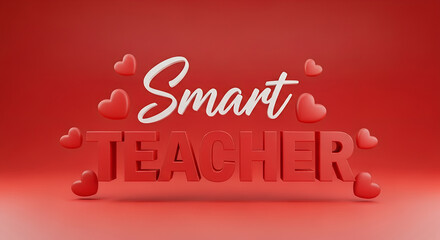 Naklejka premium 3D Render of Smart Teacher Text with Red Hearts on Red Background for Teacher Appreciation, Valentine’s Day Greeting Card and Celebration Design