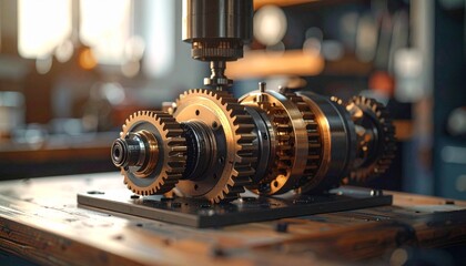 Close-up of golden mechanical watch gears with jewel bearing, showing interlocking components and circular arrangement, highlighting precision engineering and horological craftsmanship.