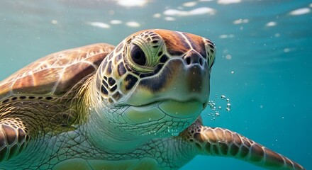 Fototapeta premium Intimate underwater portrait of a green sea turtle gracefully swimming in crystal clear waters