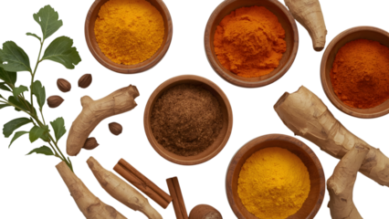 Spice Harmony: An artful arrangement of turmeric, ginger, and various spices, presented in rustic wooden bowls.
