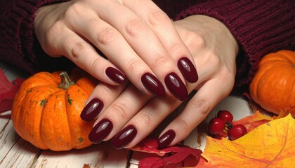 Dark burgundy manicure in classic glossy style. Elegant nail design for both formal occasions and stylish everyday looks.