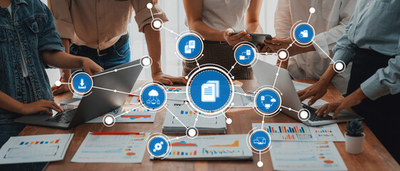 Analyst team utilizing BI Fintech to analyze and pointing at financial dashboard paper office....