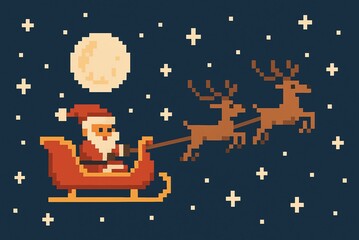 Retro pixel art style Santa sleigh flying across an 8-bit night sky with pixel stars and moon, cartoon vector illustration, vintage color palette, simple composition