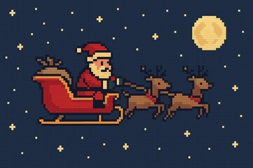 Retro pixel art style Santa sleigh flying across an 8-bit night sky with pixel stars and moon, cartoon vector illustration,  vintage color palette, simple composition