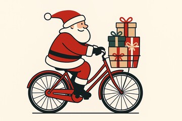 a Cartoon vector illustration of Santa Claus riding a bike delivering presents, cream/ white background  