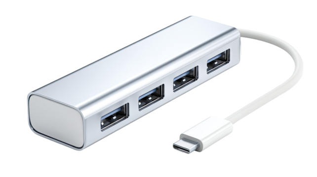 Silver USB-C hub with four USB-A ports