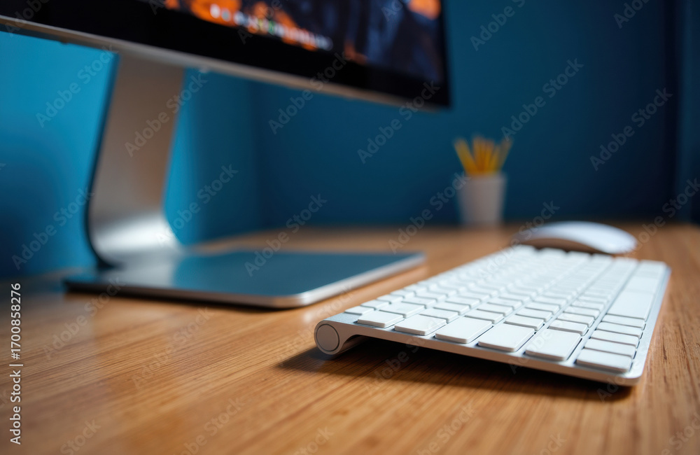 Poster a modern computer setup with a wireless keyboard on a wooden desk in front of a monitor