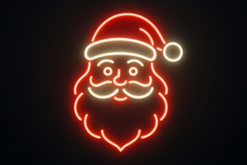 A red and white neon illustration of Santa Clause on a plain black background
