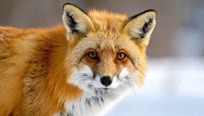 Fototapeta premium Close-up portrait of a red fox, showcasing its striking orange fur and expressive eyes against a soft, out-of-focus snowy backdrop.