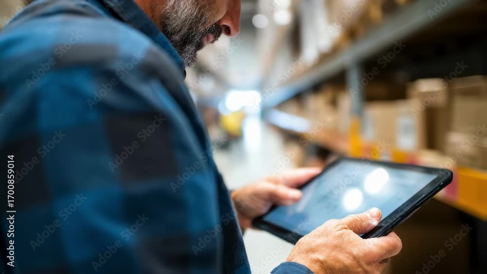 Poster Medium shot showing a warehouse manager adjusting flexible bulk paper pricing on a digital tablet main focus on the device screen workers and shelves softly out of focus.