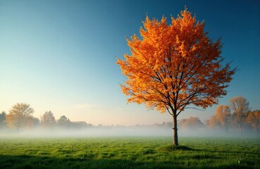 Obraz premium A vibrant orange tree stands alone in a lush green field with morning fog and a clear blue sky