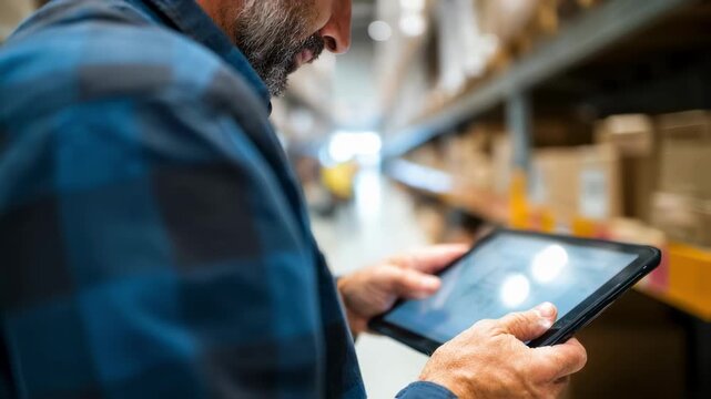 Medium shot showing a warehouse manager adjusting flexible bulk paper pricing on a digital tablet main focus on the device screen workers and shelves softly out of focus.