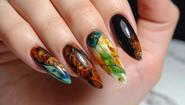 A woman's hand with a trendy and complex tortoiseshell nail art design, featuring gold foil and a green accent nail.