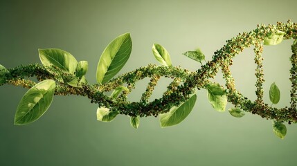 human DNA strand from green plants, light green background, Plant breeding, genome editing, 16:9