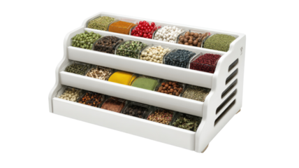 White tiered spice rack with various spices