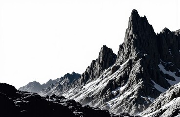 Majestic snow-capped mountain peaks against a bright sky with rugged terrain and dramatic landscape