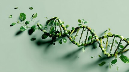 human DNA strand from green plants, light green background, Plant breeding, genome editing, 16:9