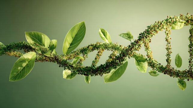 human DNA strand from green plants, light green background, Plant breeding, genome editing, 16:9