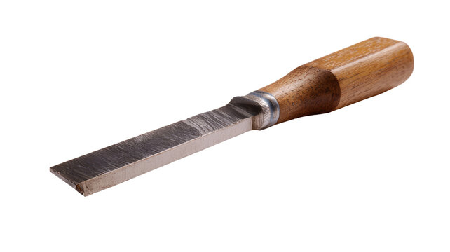 Close-up of a woodworking chisel with a wooden handle