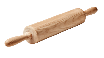 Wooden rolling pin, light tan color, smooth, cylindrical shape,  with rounded handles