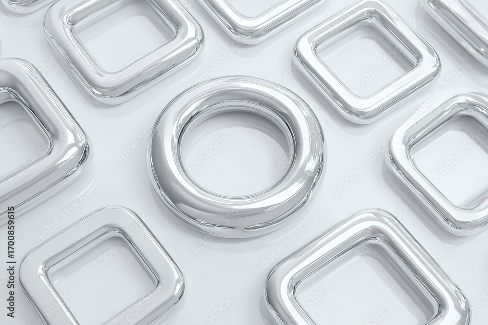 Poster sleek metallic shapes arranged on a reflective surface creating a modern design aesthetic