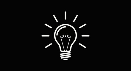 Simple white line light bulb vector on black background symbolizing idea creativity and innovation for branding and presentations