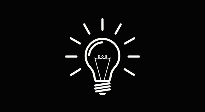 Simple white line light bulb vector on black background symbolizing idea creativity and innovation for branding and presentations