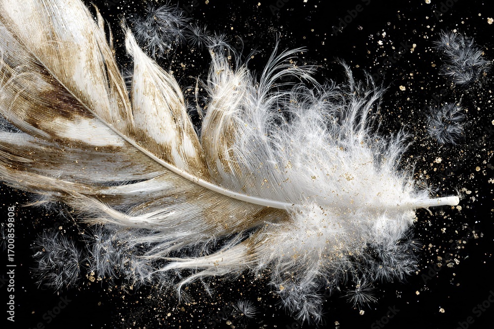 Poster elegant white feather with golden accents floating against a dark background creating a captivating 